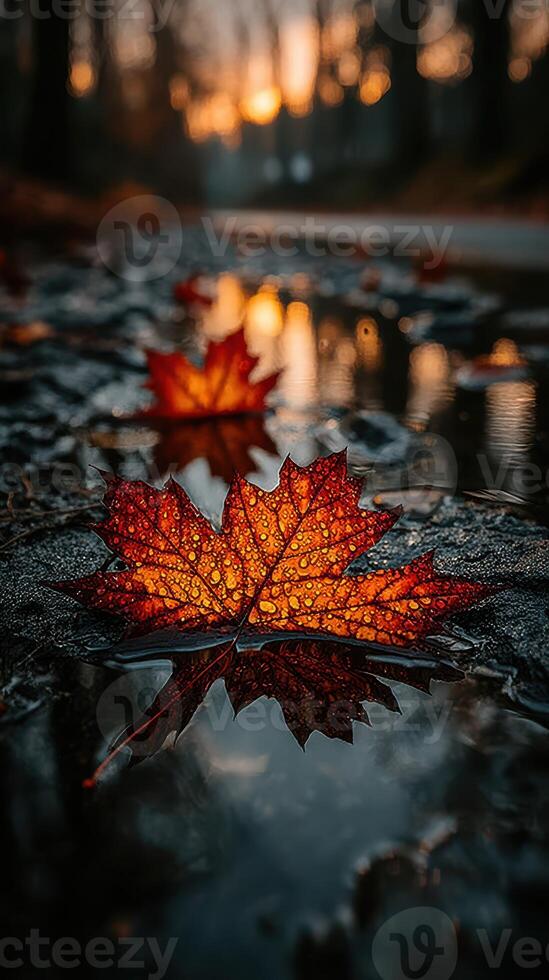 Autumn leaves with droplets reflecting the sunset over a forest stream at dusk photo