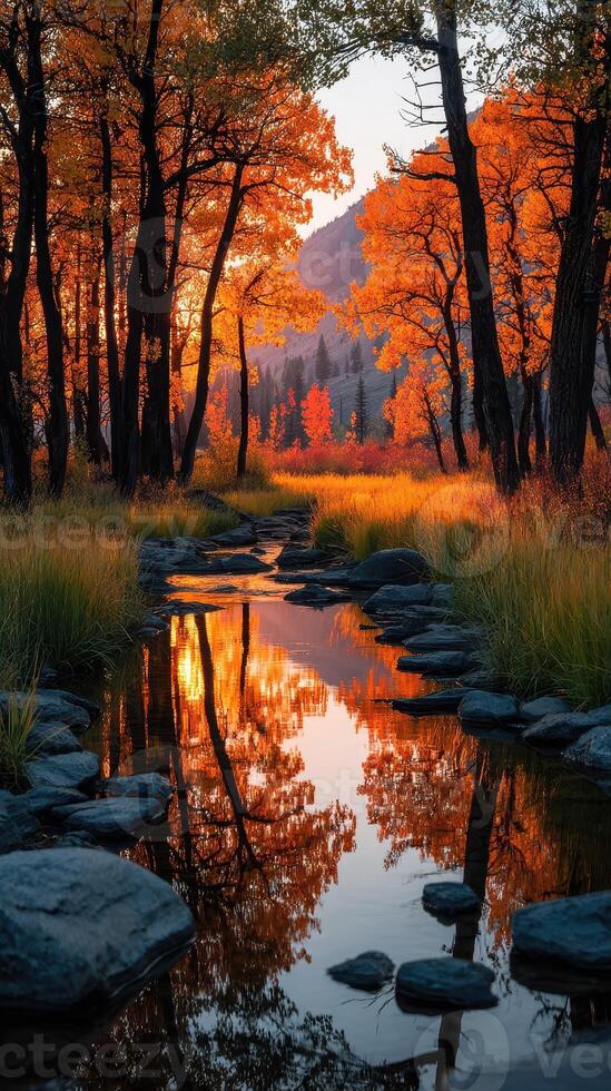 Beautiful autumn landscape with vibrant orange trees reflecting in a serene stream during sunset photo
