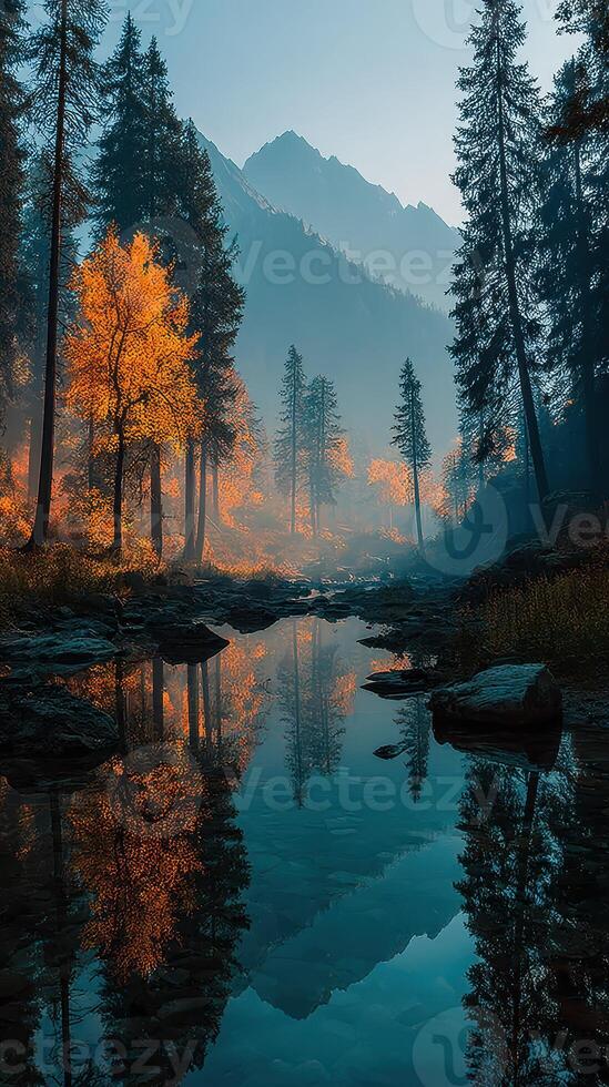 Vibrant autumn landscape with reflective water and majestic mountains at dawn in a serene forest setting photo
