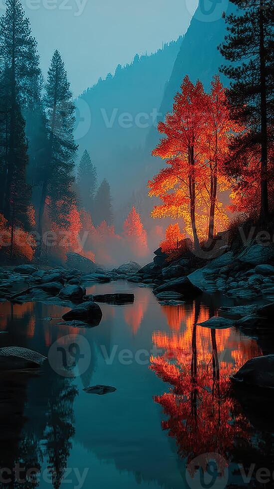 Autumn trees reflect in tranquil river surrounded by misty mountains at dusk photo