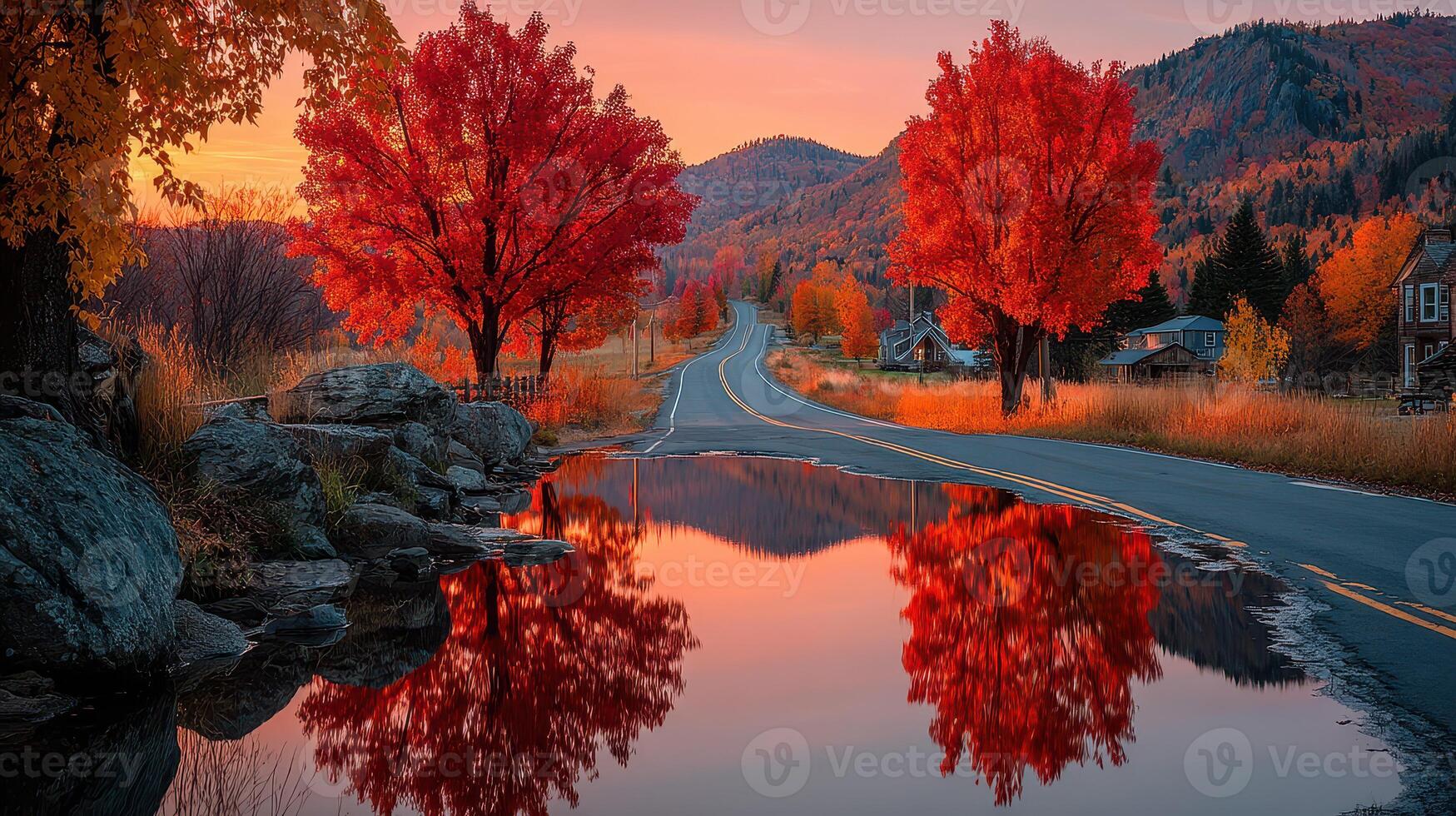 Bright autumn landscape showcases vibrant red trees and serene reflection along tranquil road at sunset photo