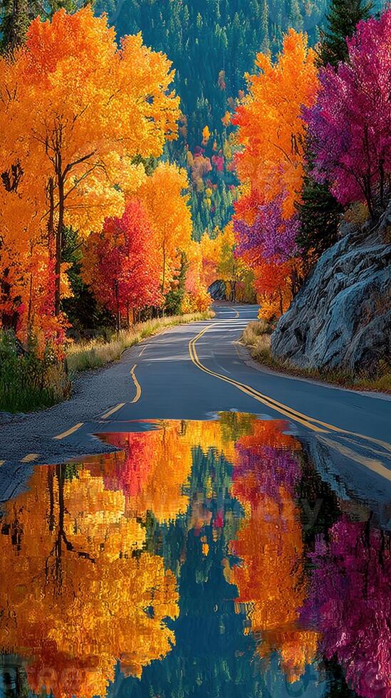 Vibrant autumn colors reflecting on a winding road surrounded by lush trees photo