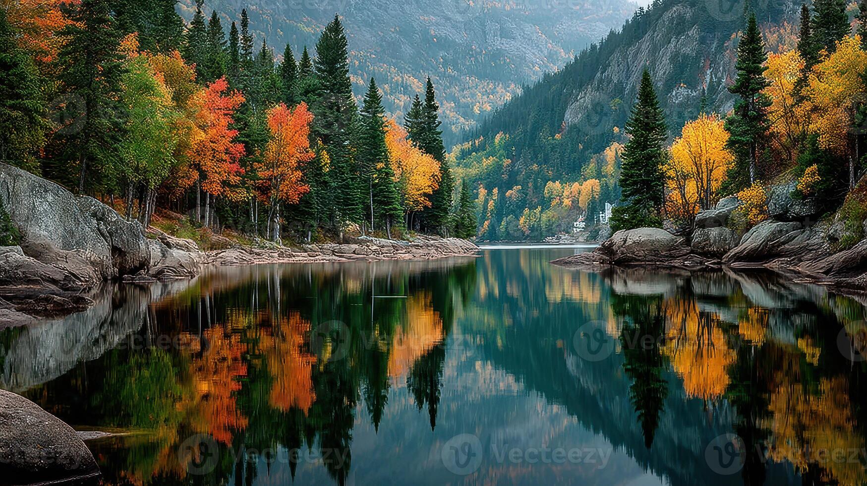 Autumn colors reflecting on a tranquil lake surrounded by mountains in a serene natural setting photo