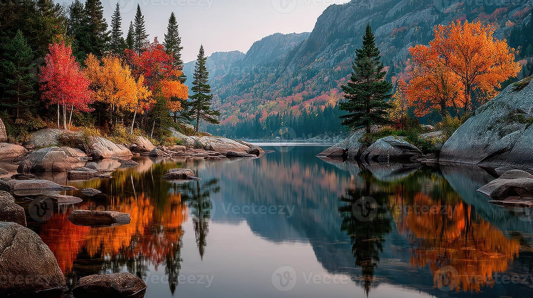 Vibrant autumn colors reflected in a serene lake surrounded by mountains in a tranquil landscape photo