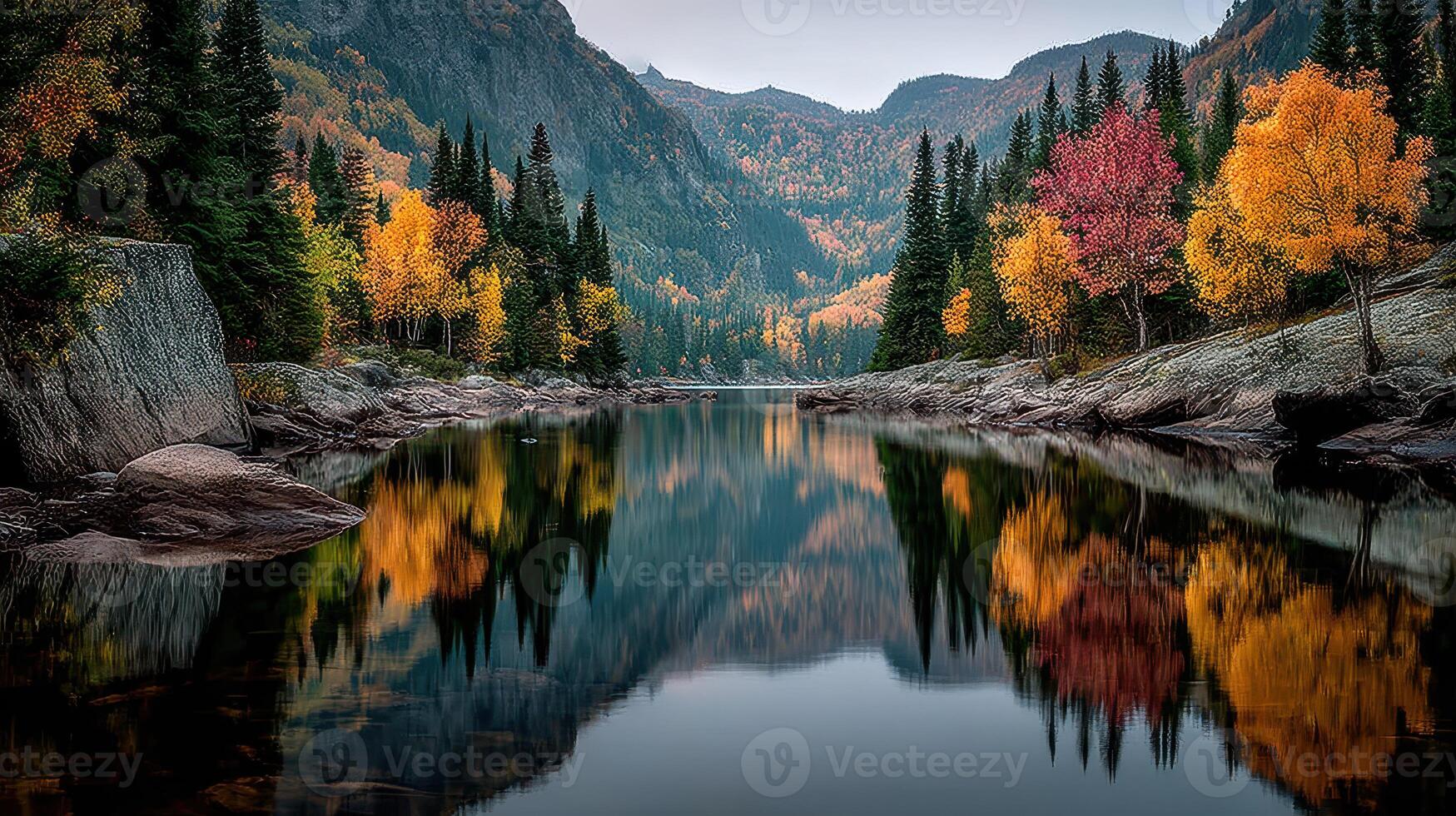 Autumn landscape with colorful foliage reflecting on calm lake in mountain valley during early evening photo
