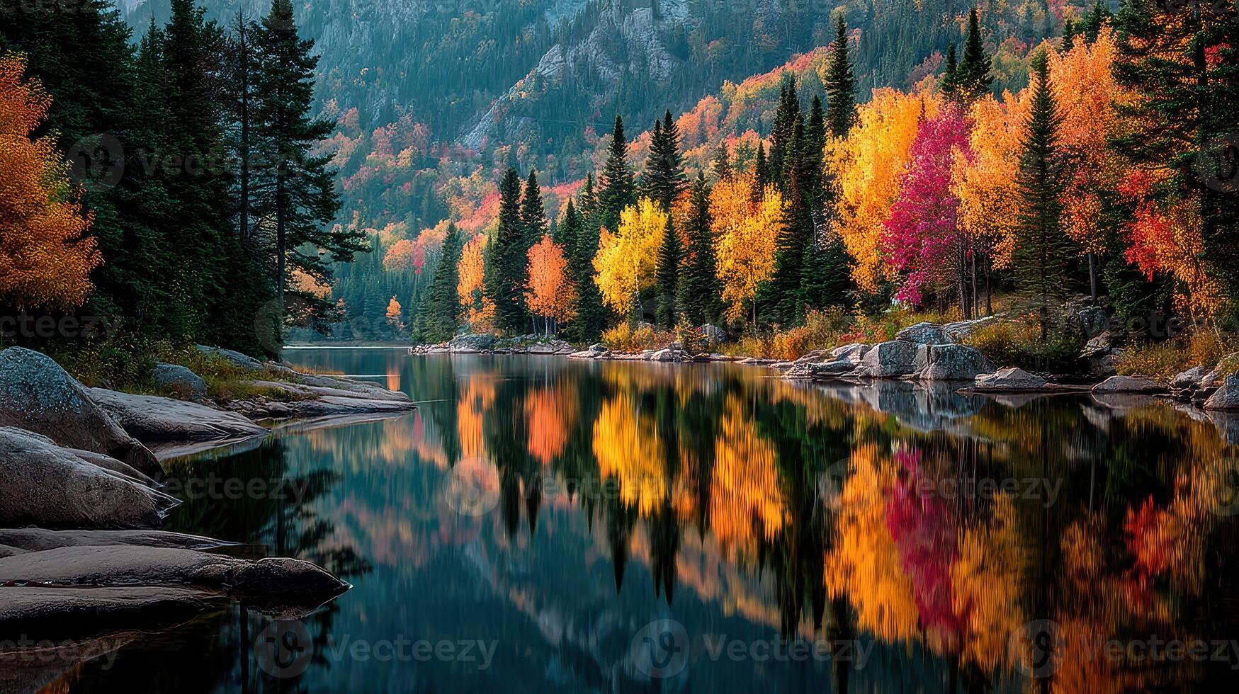 Autumn landscape with colorful trees reflecting on a calm lake in a mountainous area during sunset photo