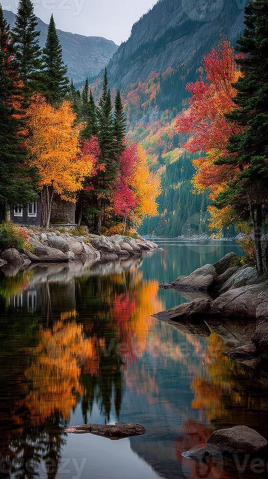 Scenic autumn view of colorful trees reflected on calm lake in mountainous landscape photo