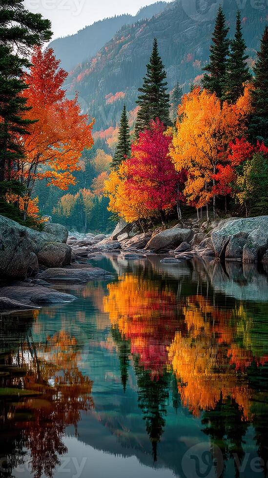 Autumn foliage reflects in calm water surrounded by rocky terrain and evergreen trees in a serene landscape photo