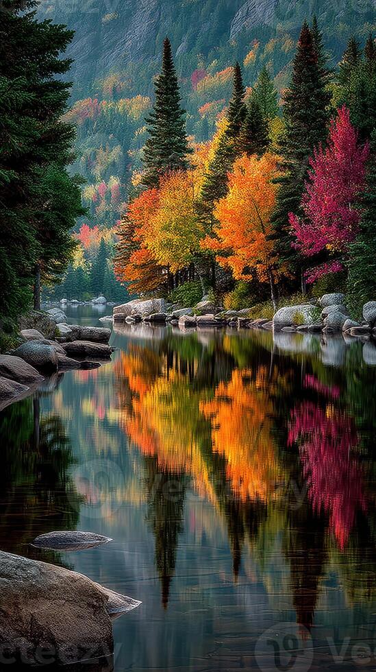 Colorful autumn reflections on a tranquil river with vibrant trees in a serene natural landscape photo