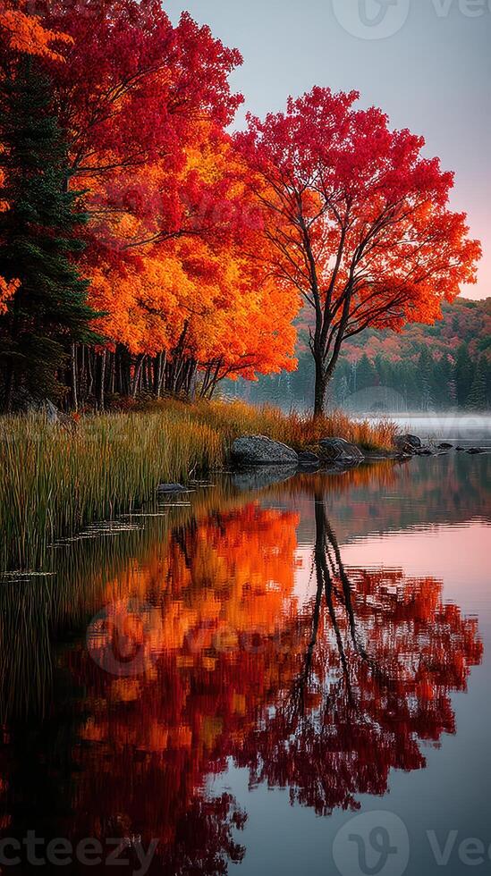 Autumn foliage reflects on a serene lake during the early morning hours in a tranquil forest setting photo