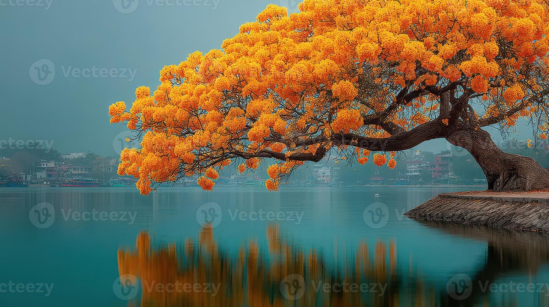 Vibrant blooming orange tree reflects in serene lake at sunrise near quaint town photo