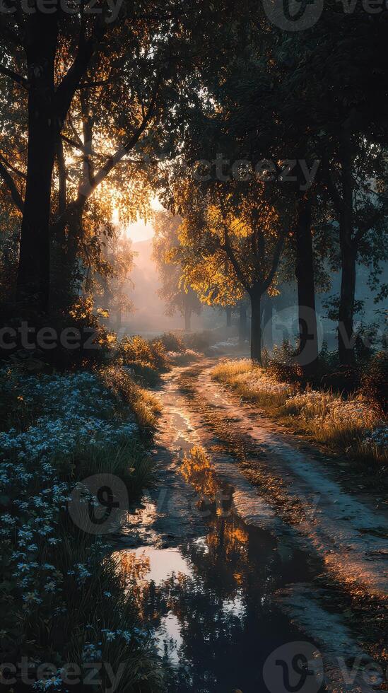 Beautiful sunrise illuminating a tranquil forest path surrounded by vibrant trees and blooming flowers photo
