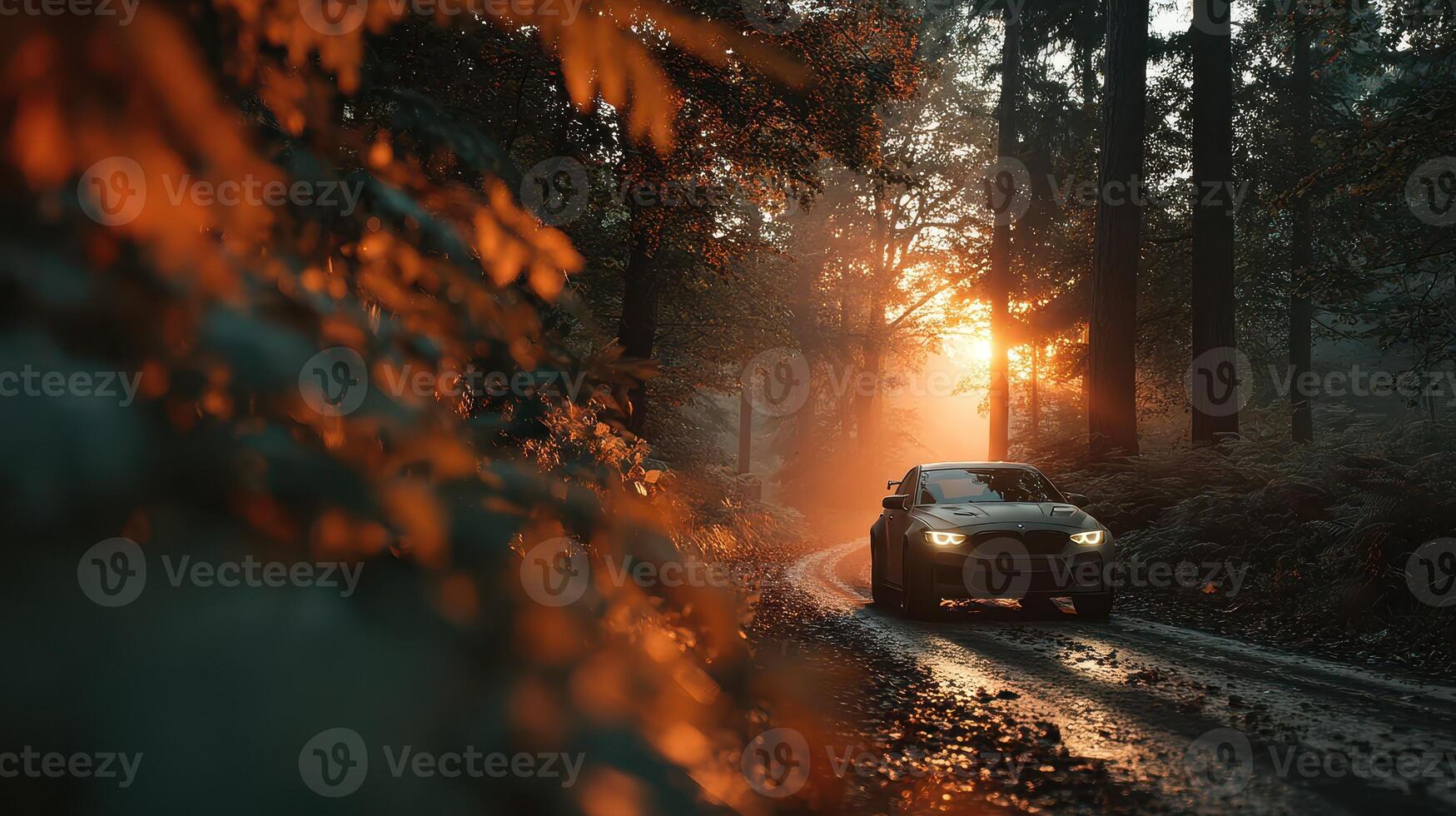 Sunset drive through a misty forest on a winding road with warm light shining through the trees photo