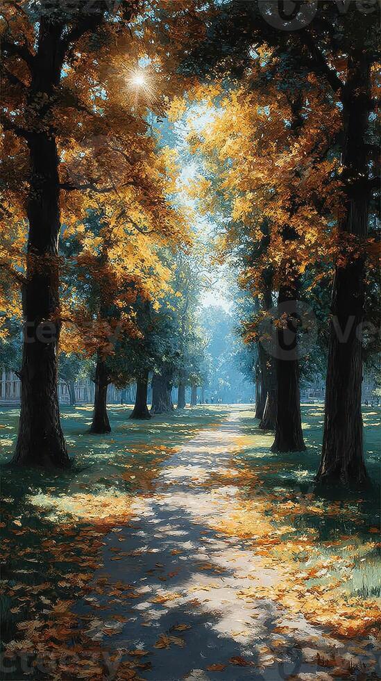 Vibrant autumn path lined with colorful trees in a peaceful park during early morning light photo