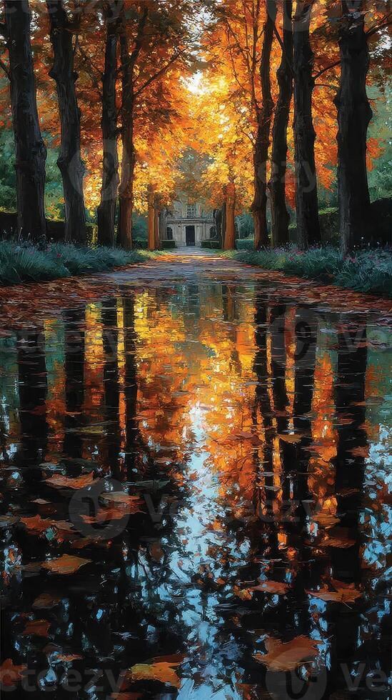 Beautiful autumn pathway lined with trees reflecting colorful leaves on still water in a serene park setting photo