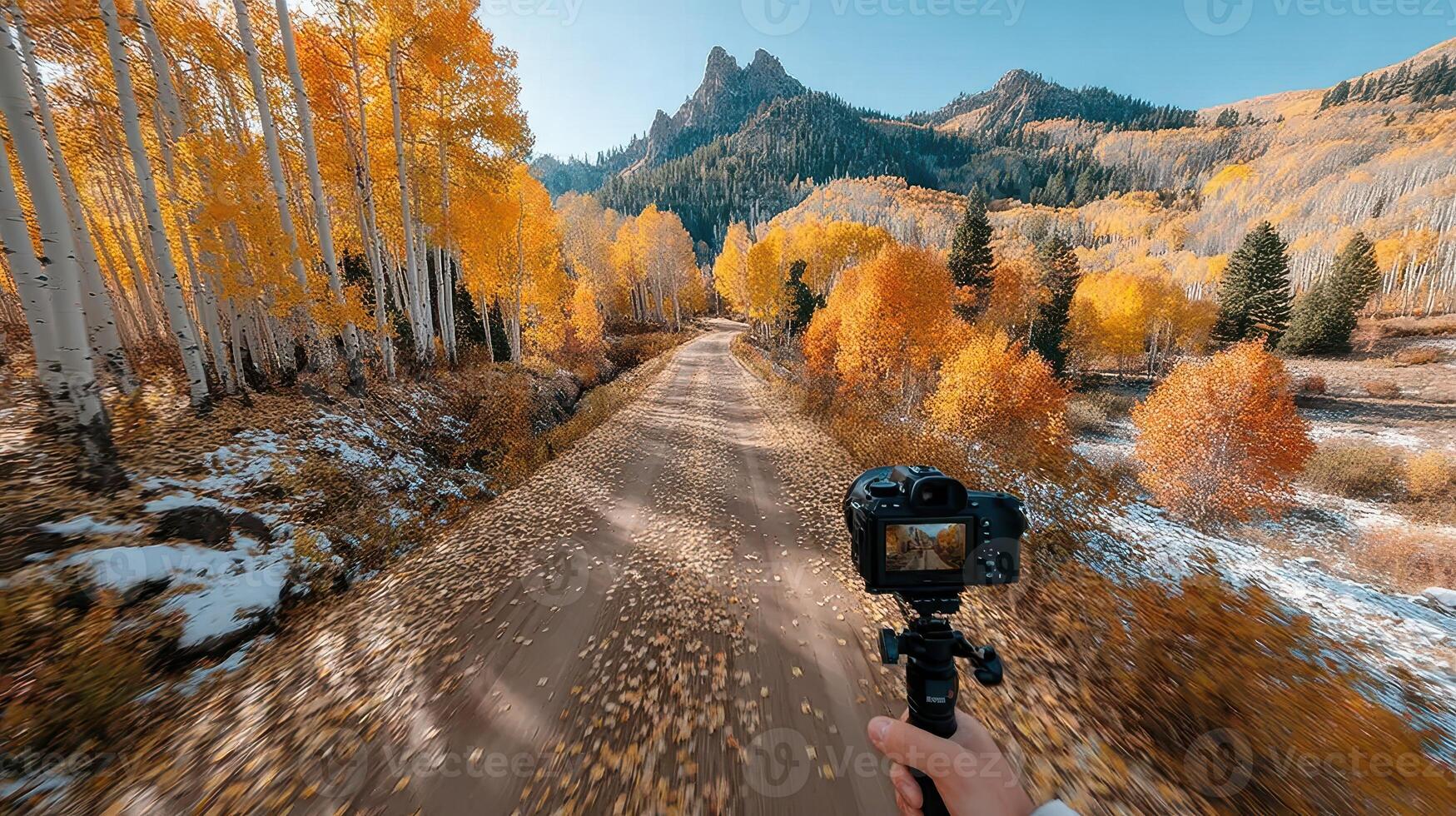 Autumn adventure on a winding dirt road surrounded by vibrant golden leaves and mountain peaks photo