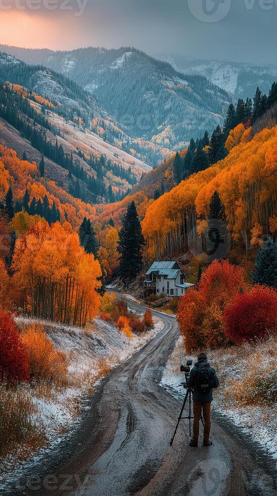 Vibrant autumn colors in a mountain valley with a photographer capturing the scenery at twilight photo