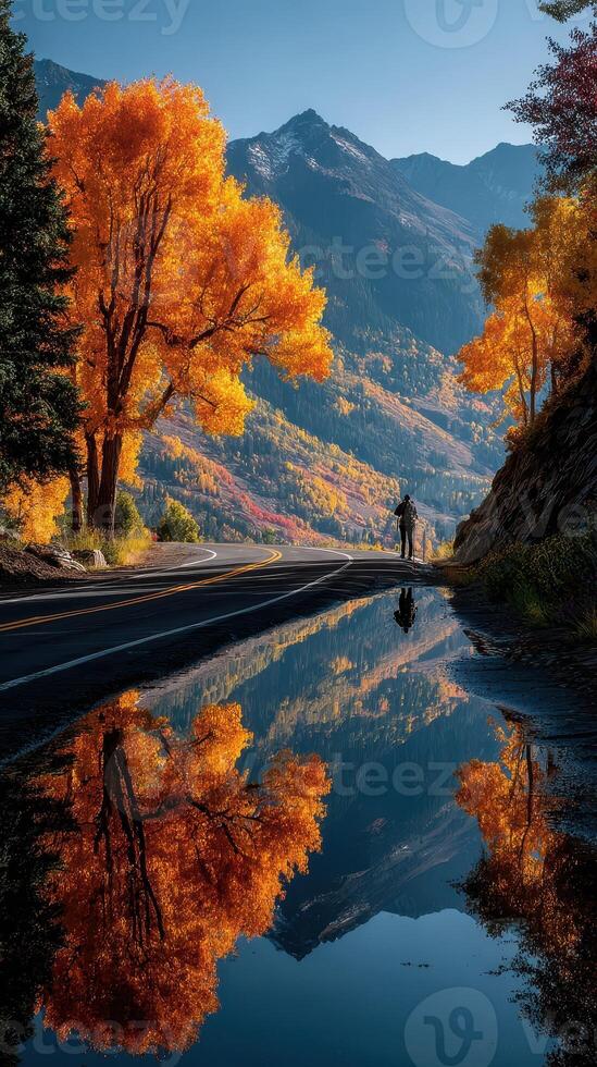 Autumn reflection by the road with vibrant trees and mountains in the background during a clear day photo