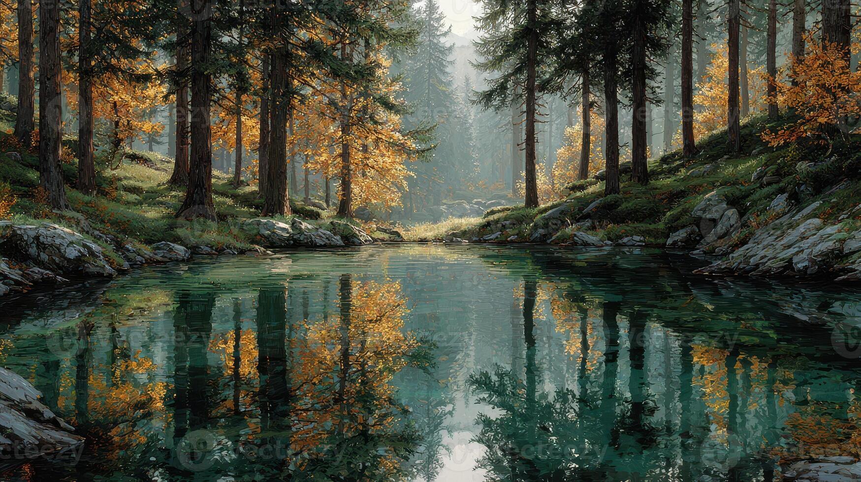 Serene forest reflection in a tranquil lake during autumn afternoon photo