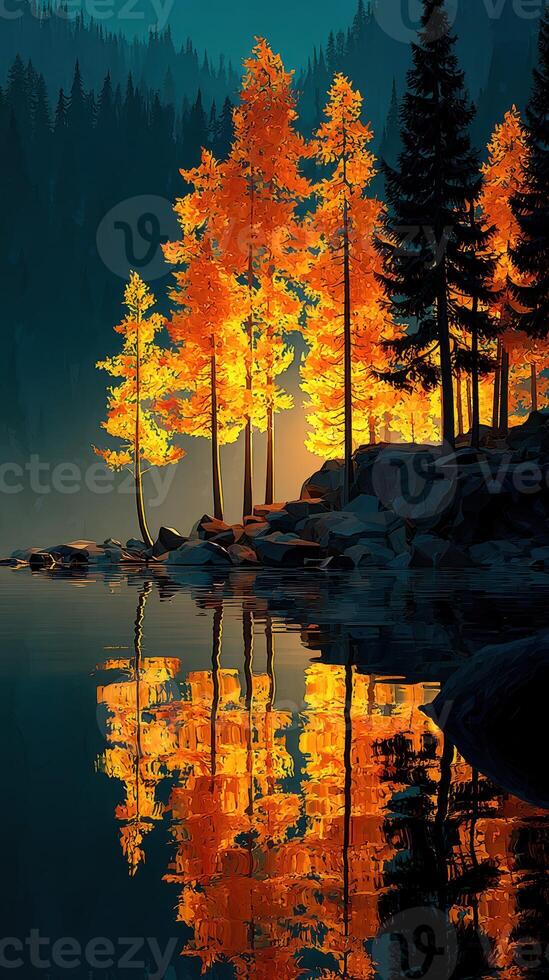 Vibrant autumn landscape with golden trees reflecting in calm water at dusk photo