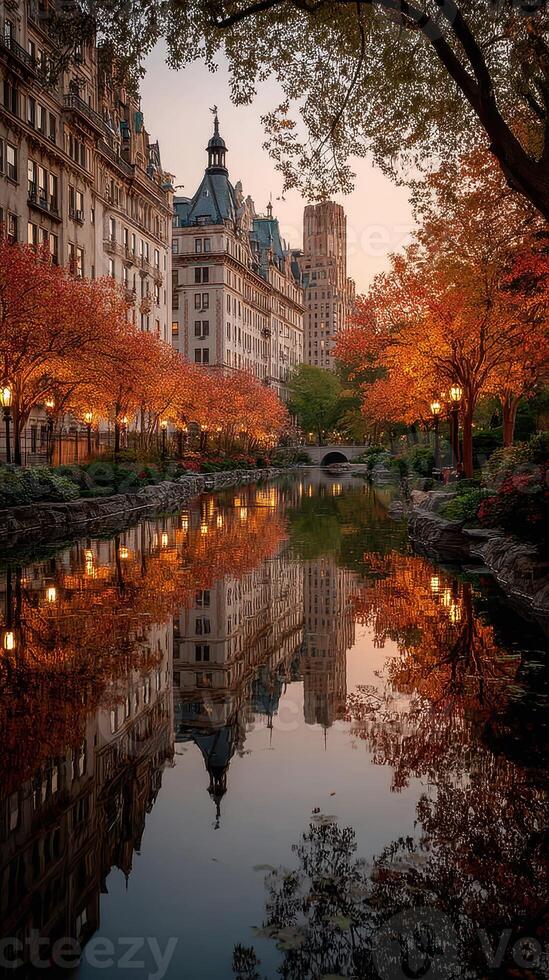 Autumn reflections in a city park with vibrant trees and historic architecture at dusk photo