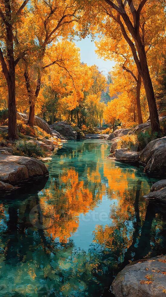 Vibrant autumn colors reflected in a serene river surrounded by golden trees in a peaceful natural setting photo