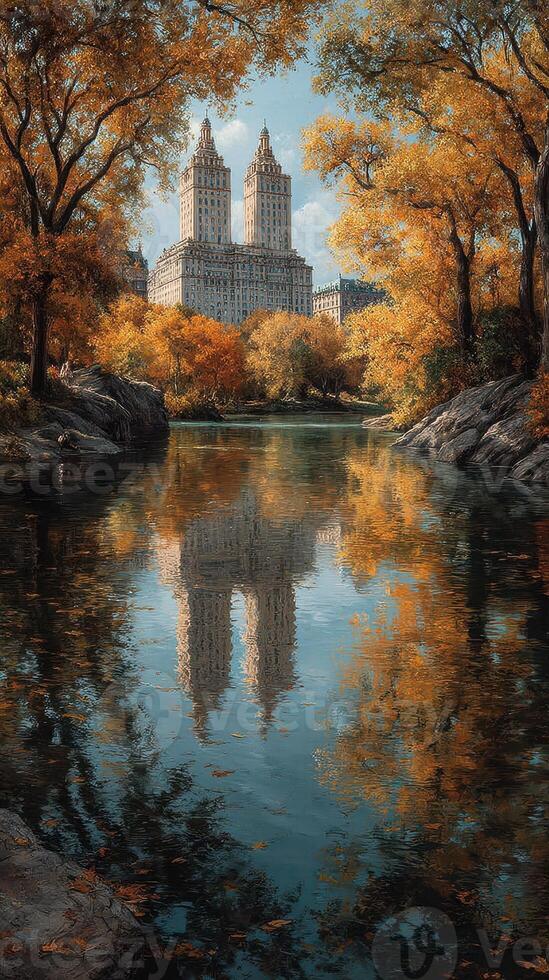 Fall colors reflect in water near urban architecture in a scenic park during autumn photo