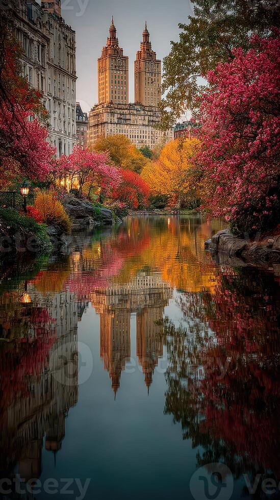 Stunning autumn view of Central Park with vibrant trees and twin towers reflected in the calm water photo