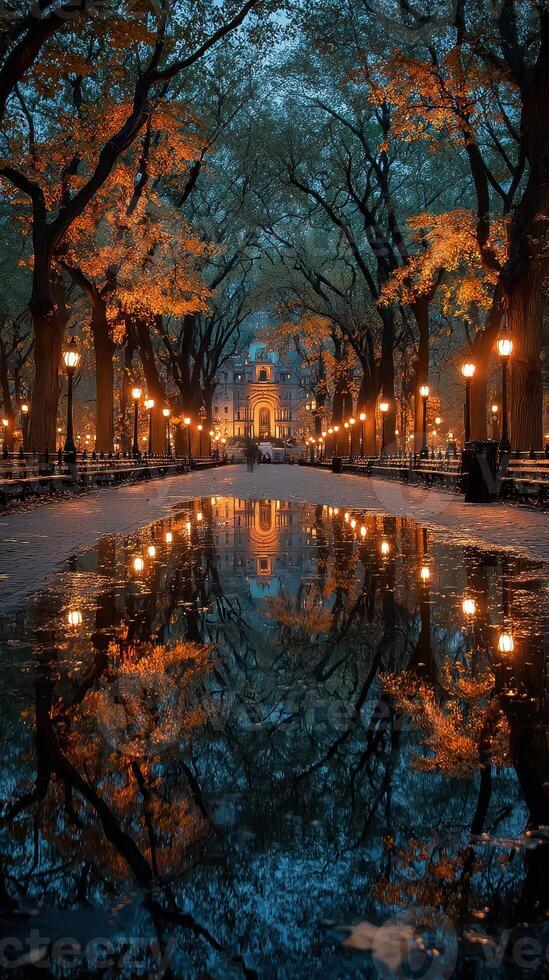 Evening stroll through autumn trees with reflections in the water in a park photo
