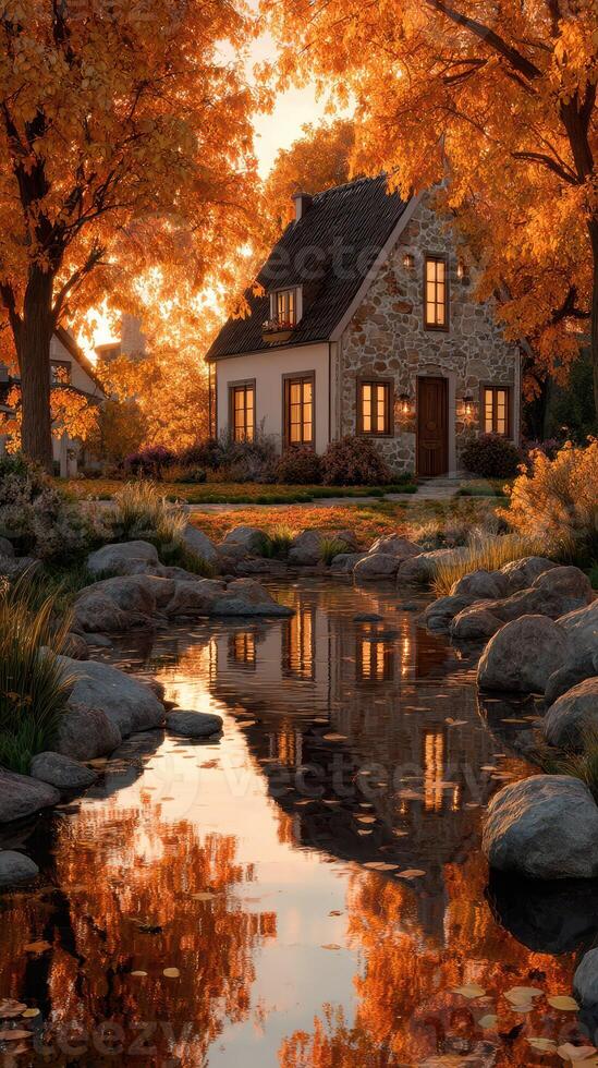 Cozy stone cottage surrounded by vibrant autumn foliage and a tranquil stream at sunset photo