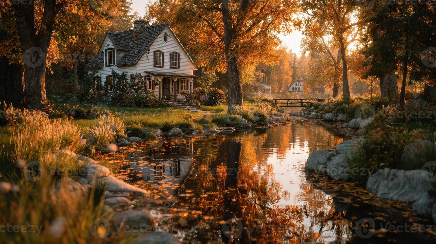 Charming cottage by a serene stream surrounded by vibrant autumn foliage at sunset photo
