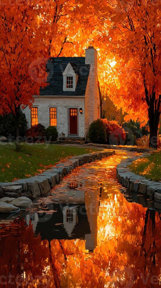 Charming house surrounded by vibrant autumn colors reflecting in serene water at sunset photo