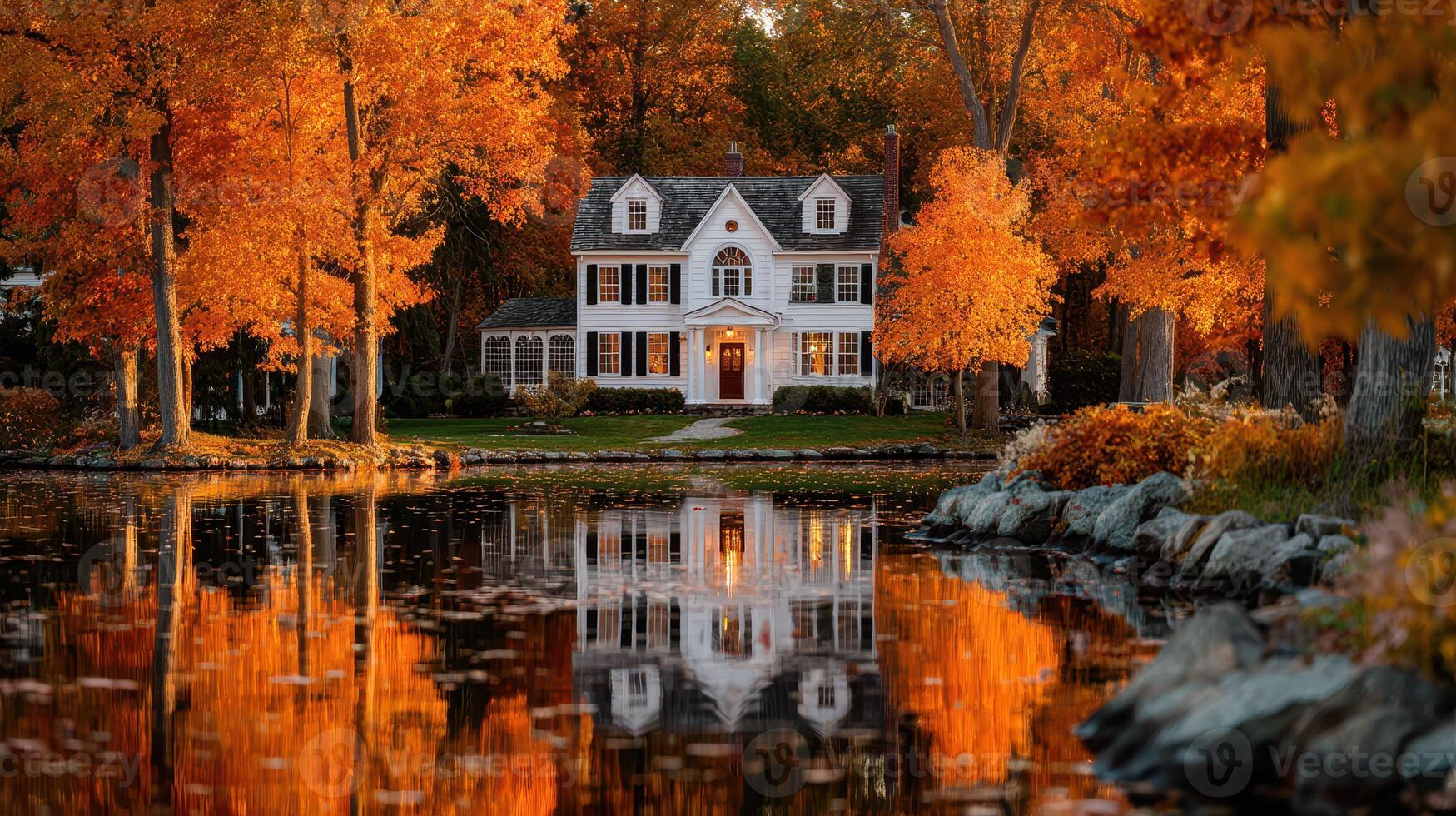 Beautiful autumn landscape with a white house reflecting in a lake surrounded by vibrant fall foliage photo