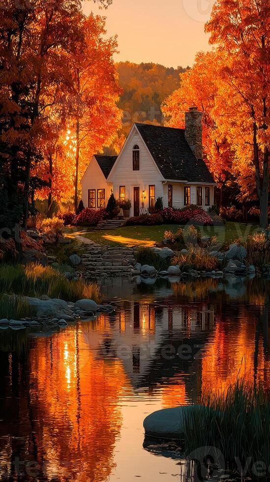 Beautiful autumn sunset reflecting on a cozy cottage near a tranquil pond surrounded by colorful trees photo