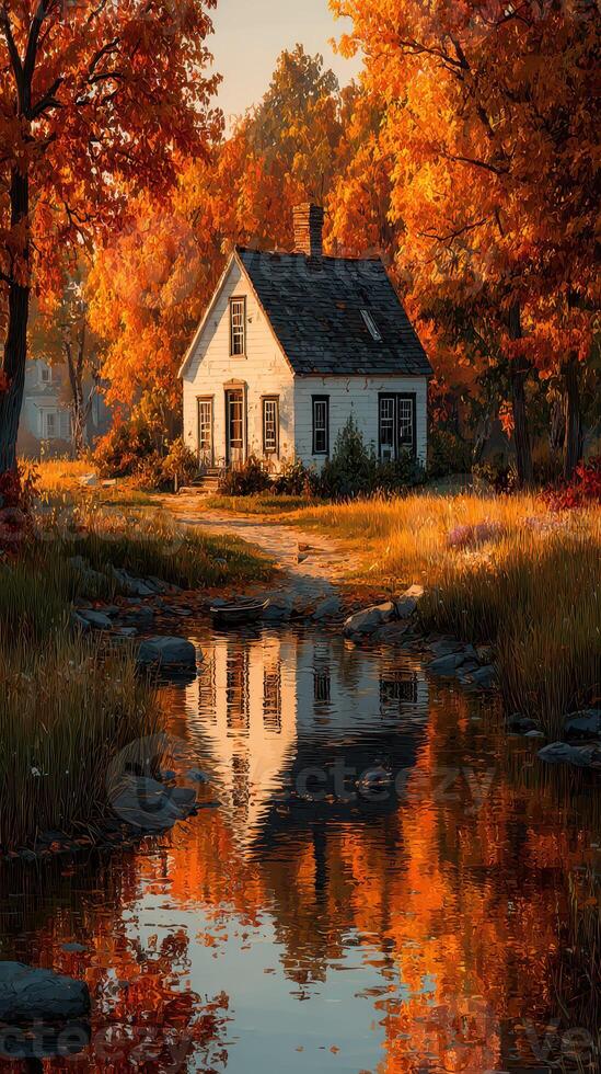 Beautiful autumn landscape with a quaint house and reflective water surrounded by vibrant fall foliage photo