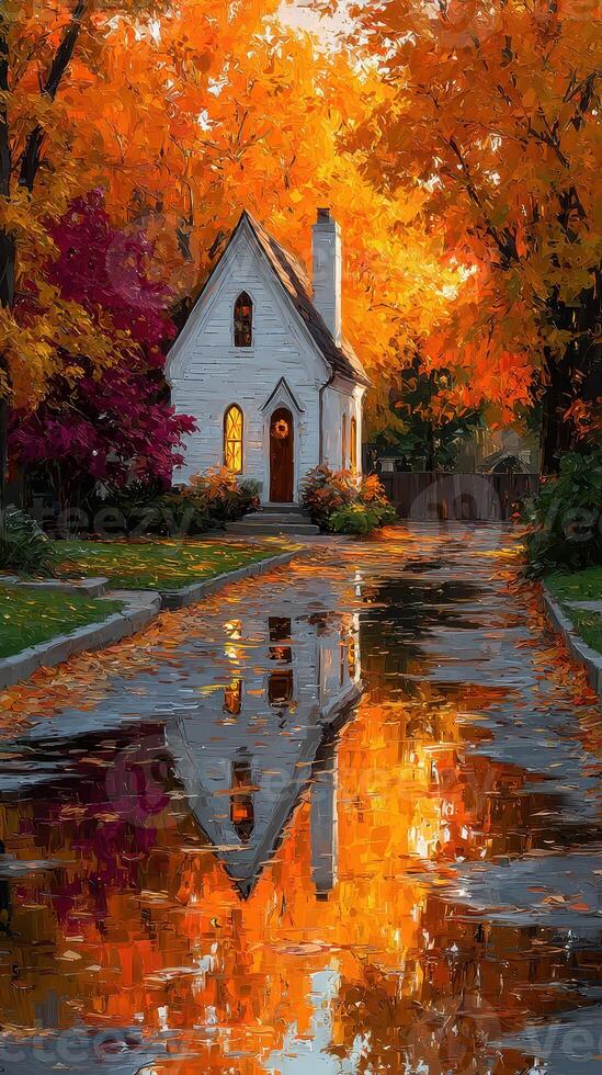 Charming white house surrounded by vibrant autumn foliage and reflected in a serene puddle on a tranquil street photo