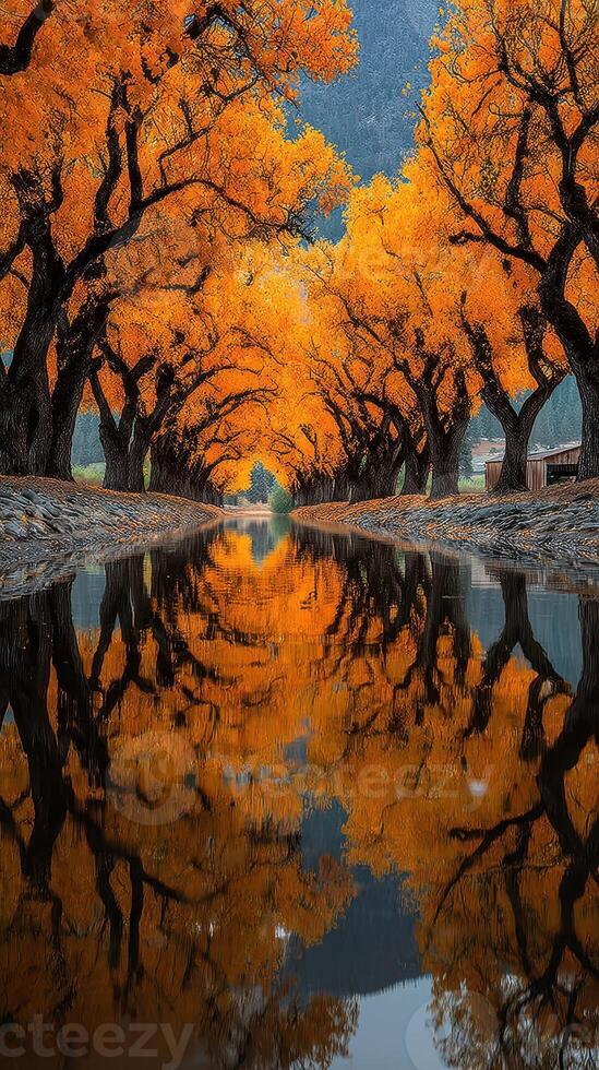 Majestic autumn trees lining a tranquil river reflect vibrant orange hues in a serene landscape photo