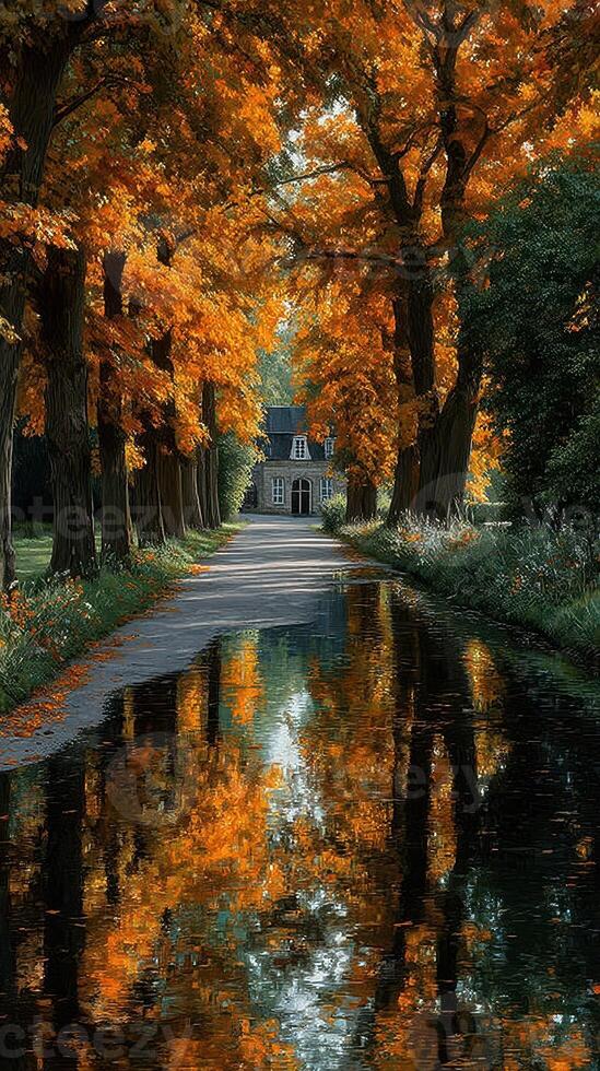Autumn pathway lined with vibrant orange trees reflects in tranquil waters near a charming house photo