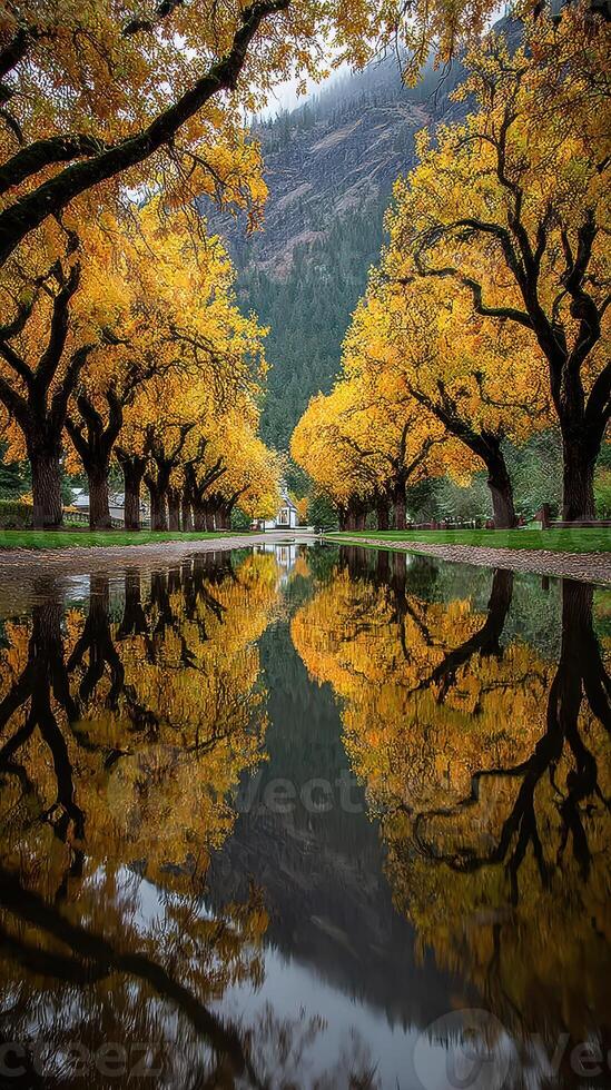 Autumn trees lining a reflective path in a serene landscape surrounded by mountains photo