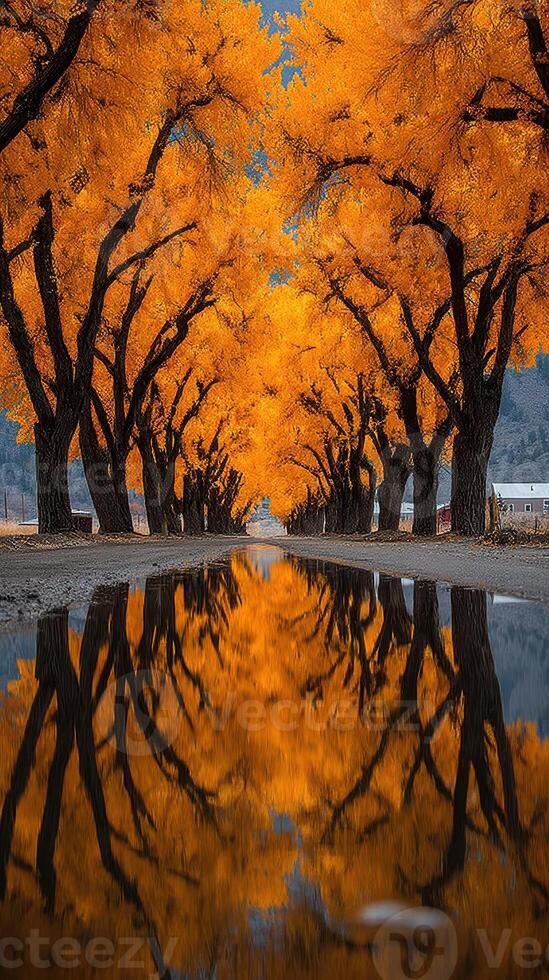 Fall colors reflect in calm water along a tree-lined path in a tranquil rural setting photo