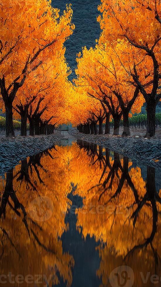 Vibrant autumn foliage reflected in a serene pond surrounded by trees in a tranquil landscape photo