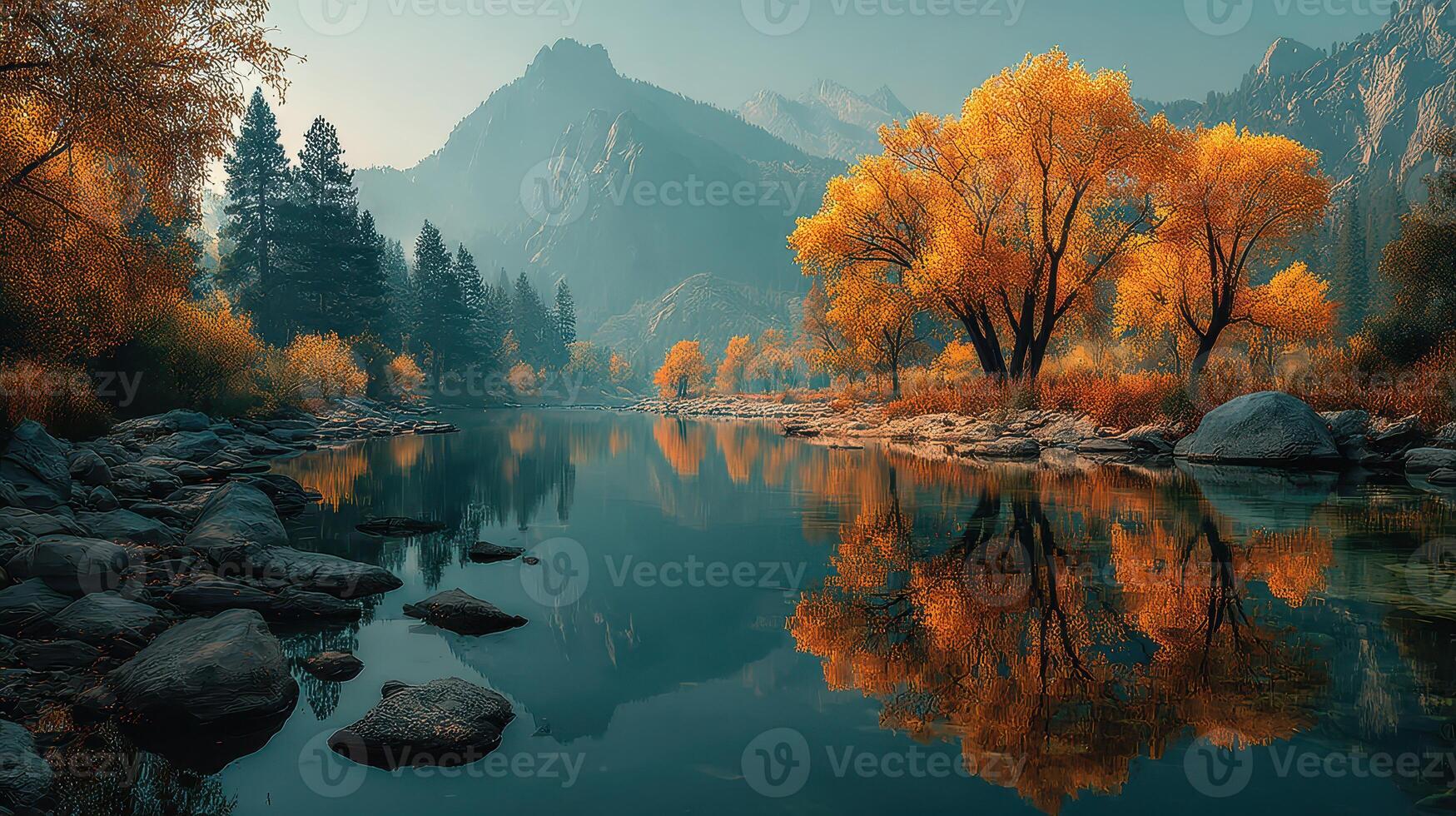 Colorful autumn landscape featuring a tranquil river surrounded by golden trees and mountains photo