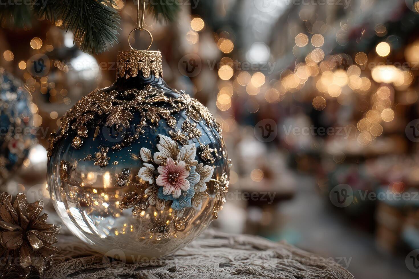 Elegant glass ornament with floral design and warm light decor at a festive market during the holiday season photo