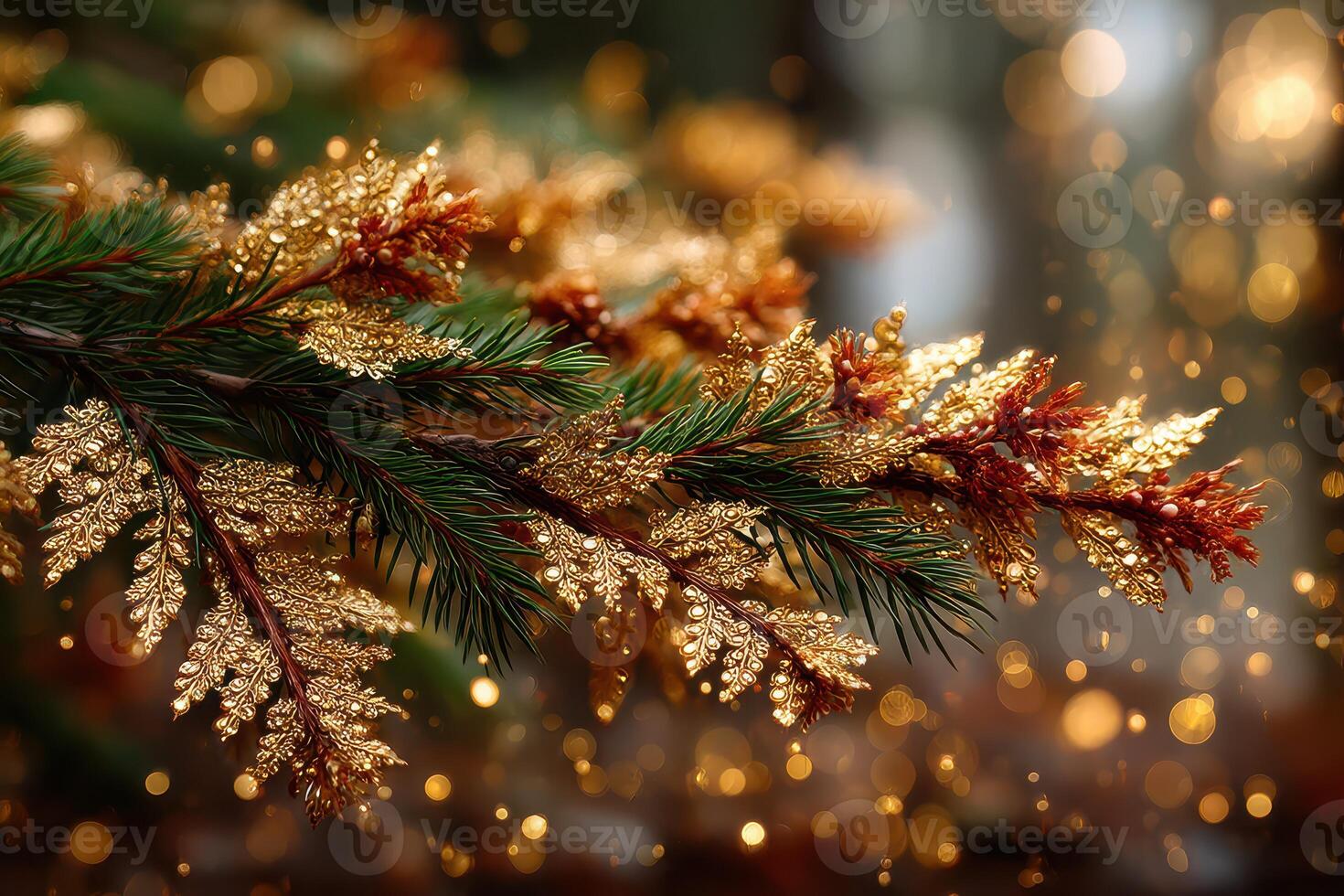 Gold and green pine branch adorned with sparkling decorations during winter festivities in a warm, inviting atmosphere photo