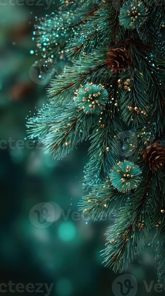 Decorative evergreen branches adorned with pine cones and glittering accents in a festive winter setting photo