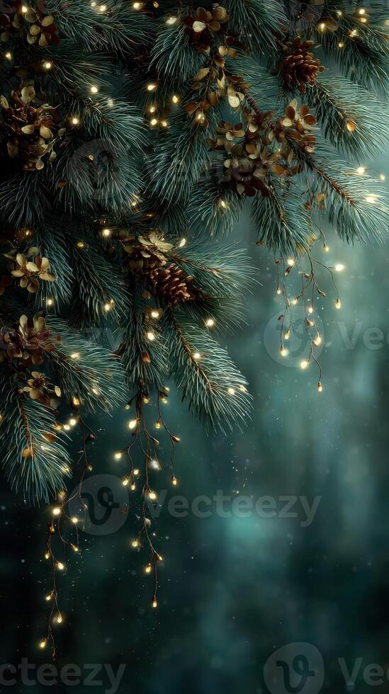 Branches with glowing lights create a magical atmosphere in a winter forest setting photo