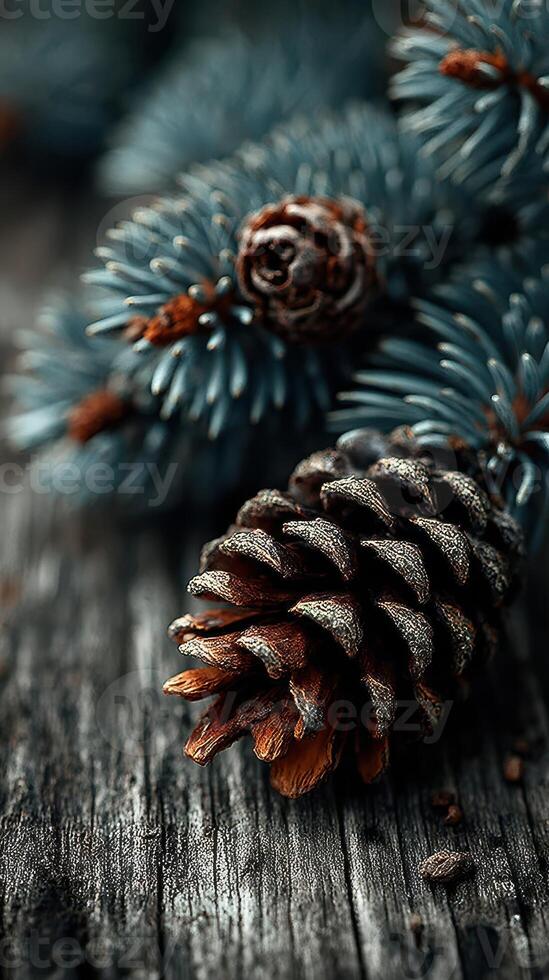 Intricate details of pine cones and branches displayed on rustic wood surface in natural setting photo