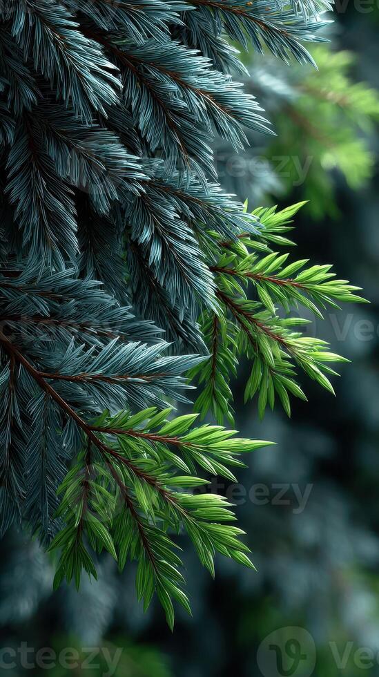 Close-up view of green and blue pine tree branches in a forest setting during daylight photo