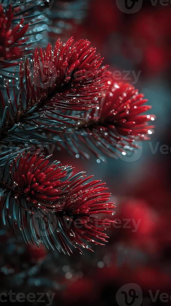 Close-up view of vibrant red pine cones adorned with dew droplets on lush green branches in a serene forest setting photo