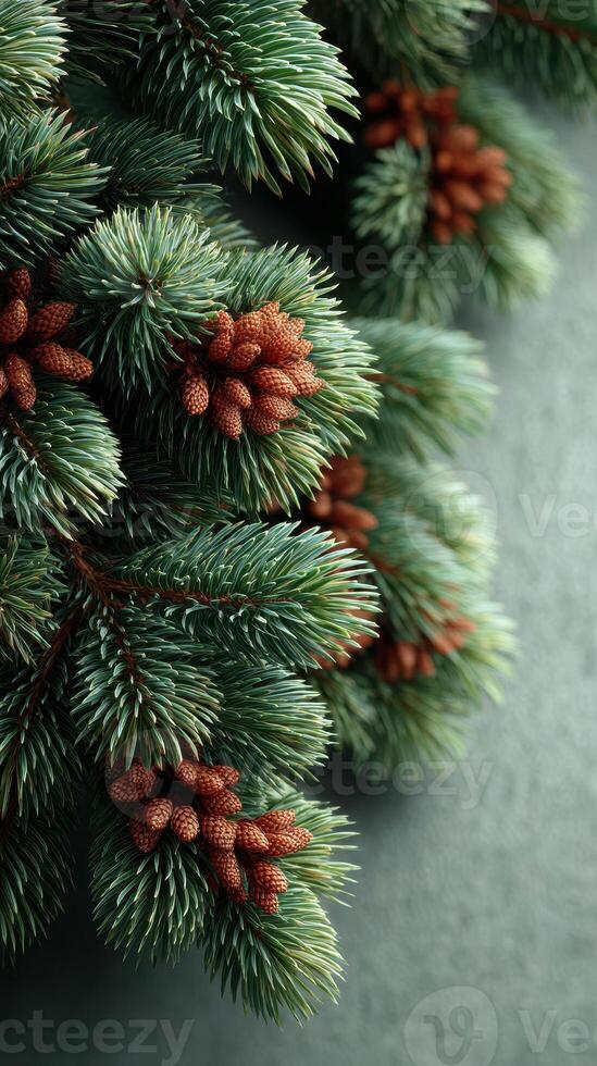Close-up of evergreen branches with pine cones on a textured surface in a natural setting photo